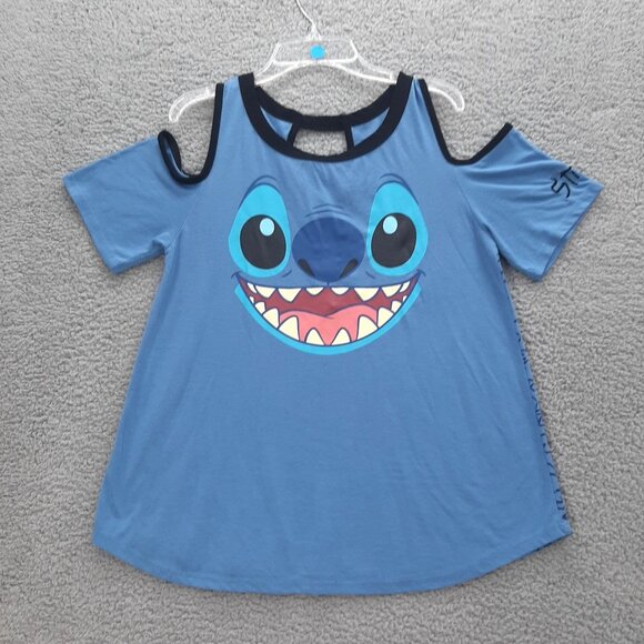 Disney Stitch Womens Cold Shoulder Blue Tee Size M - Picture 1 of 6